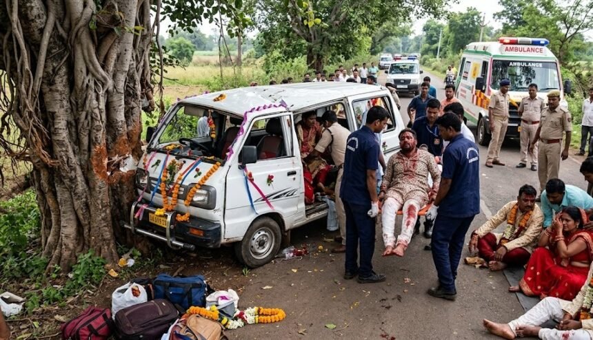 भीषण सड़क हादसा: बारातियों से भरी इको वैन पेड़ से टकराई, मची चीख पुकार